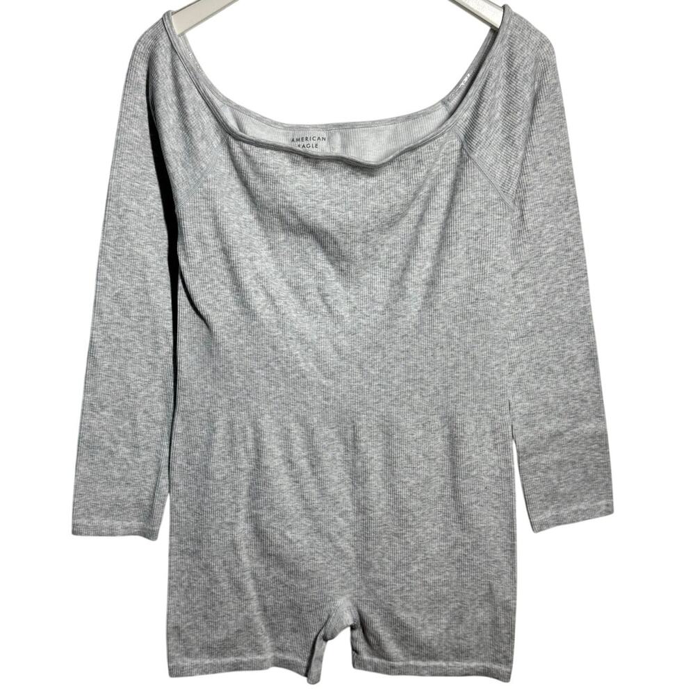 American Eagle Ribbed Knit Athleisure Off-The-Shoulder Lounge Romper L/XL Gray